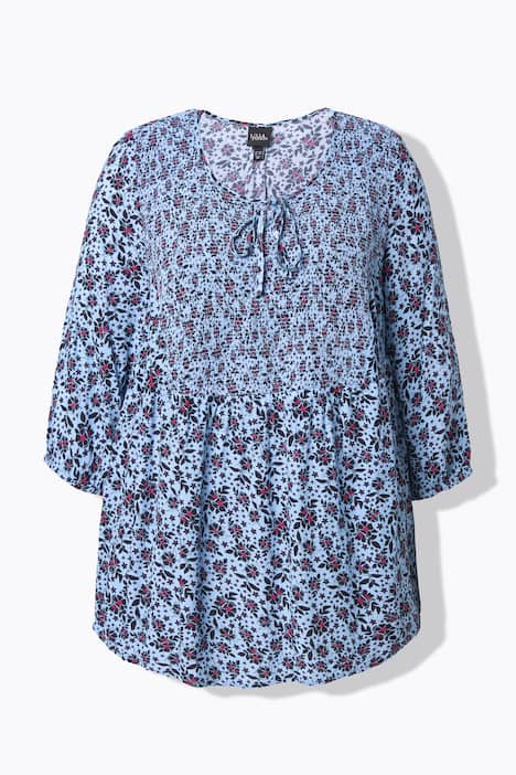 Gerimpelde blouse, met motief, ronde hals, 3/4-mouw, crêpe