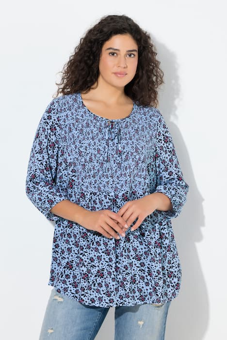 Gerimpelde blouse, met motief, ronde hals, 3/4-mouw, crêpe