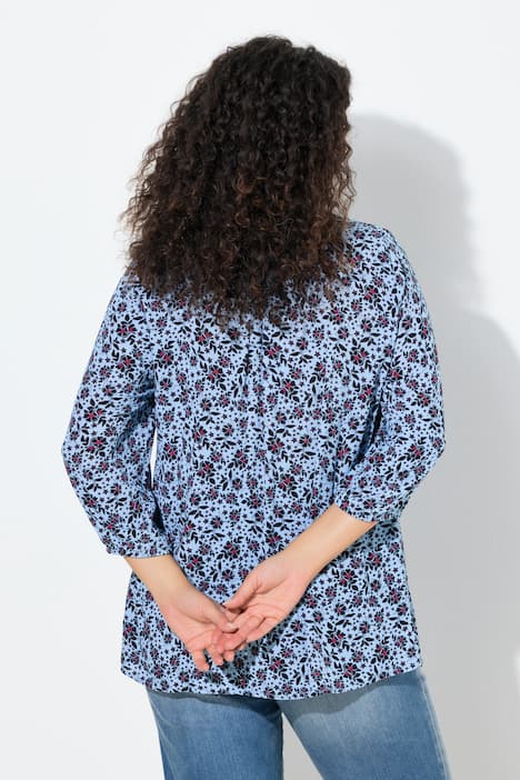 Gerimpelde blouse, met motief, ronde hals, 3/4-mouw, crêpe