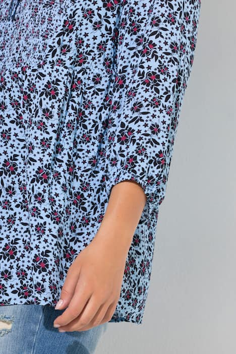 Gerimpelde blouse, met motief, ronde hals, 3/4-mouw, crêpe