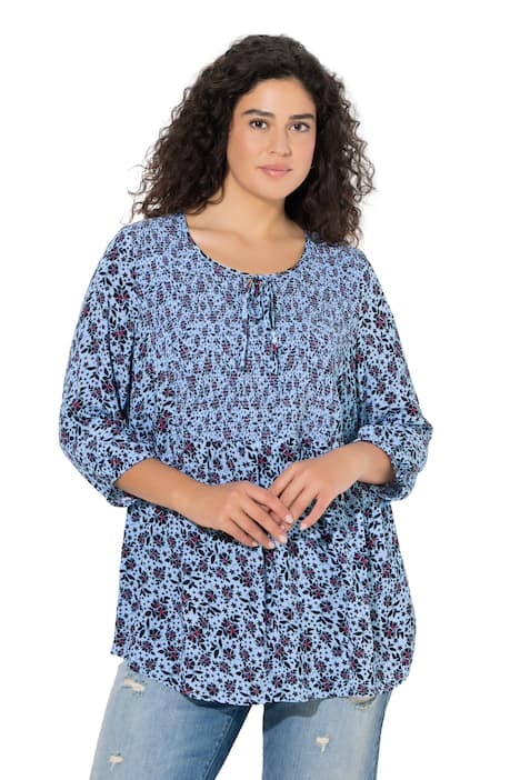 Nabíraná halenka, potisk, kulatý výstřih, 3/4 rukáv, krep