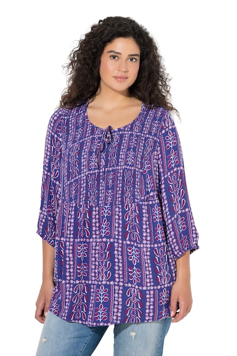 Nabíraná halenka, potisk, kulatý výstřih, 3/4 rukáv, krep