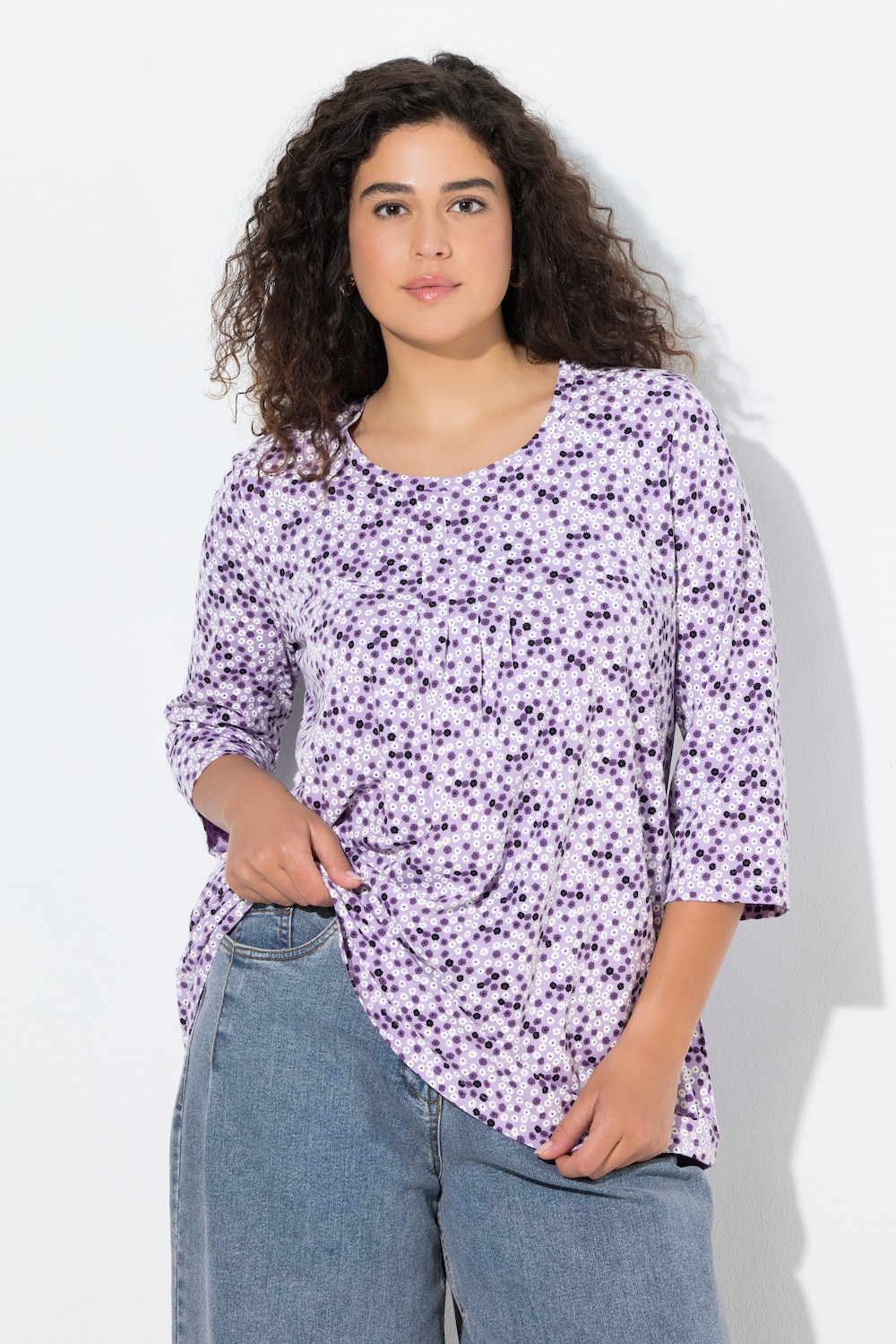 Shirt, Blüten, A-Linie, Zierfalten, Rundhals, 3/4-Arm