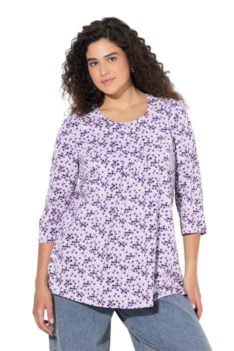 Tričko, květinový vzor, A-linie, ozdobné záhyby, kulatý výstřih, 3/4 rukávy