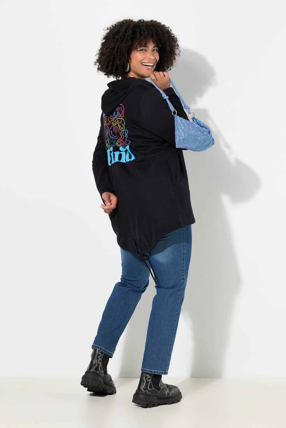 Sweatjacke, A-Linie, Smileys auf dem Rücken, Kapuze