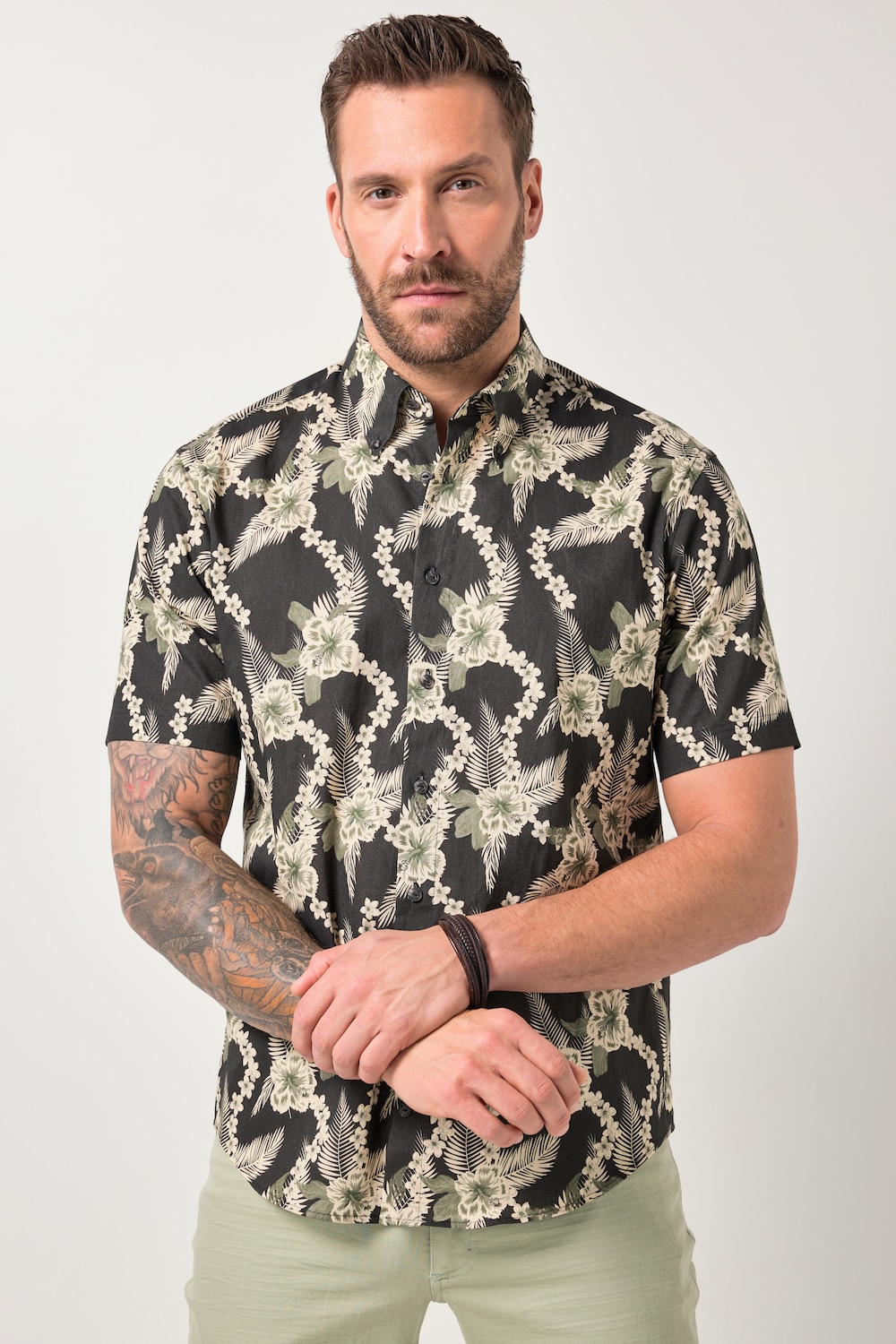 JP1880 Leinenmix-Hemd, Halbarm, Buttondown-Kragen, Alloverprint, Modern Fit, bis 8 XL