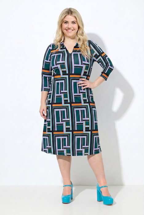 Robe midi au tombé fluide, motif graphique, col chemise et manches 3/4