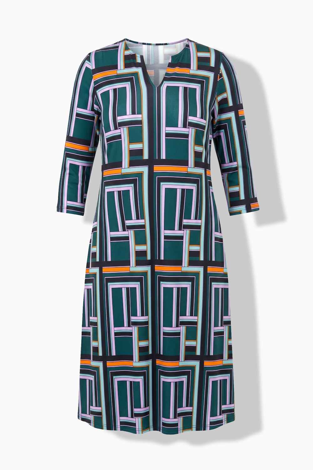 Slinky-Midikleid, grafisches Design, Hemdkragen, 3/4-Arm