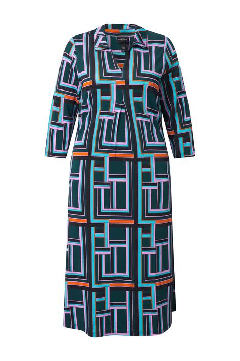 Splývavé midi šaty, grafický vzor, košilový límec, 3/4 rukávy