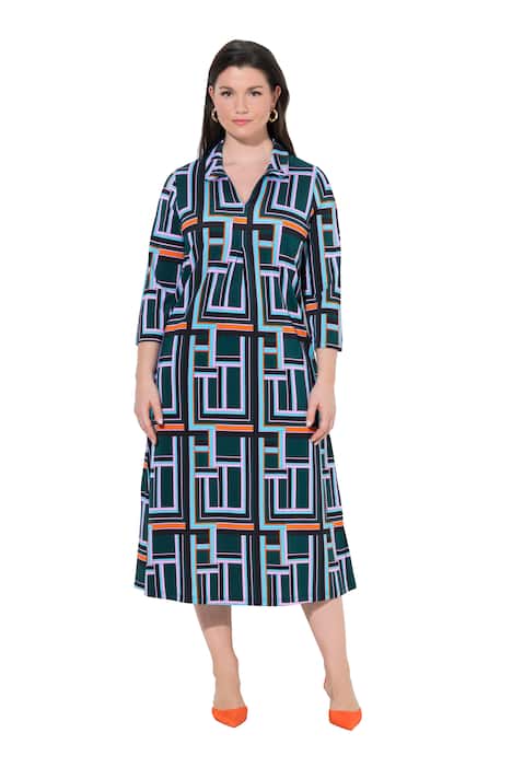 Splývavé midi šaty, grafický vzor, košilový límec, 3/4 rukávy