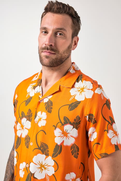 JP1880 Hemd, Halbarm, Cuba-Kragen, Viskose, Alloverprint, Cuba-Fit, bis 8 XL