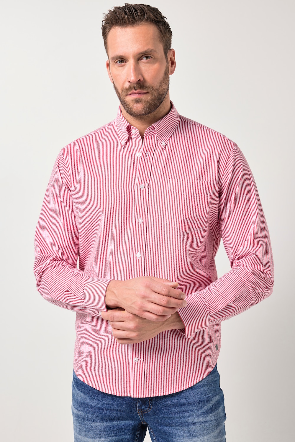 JP1880 Seersucker-Streifenhemd, Langarm, Buttondown-Kragen, Modern Fit, bis 8 XL