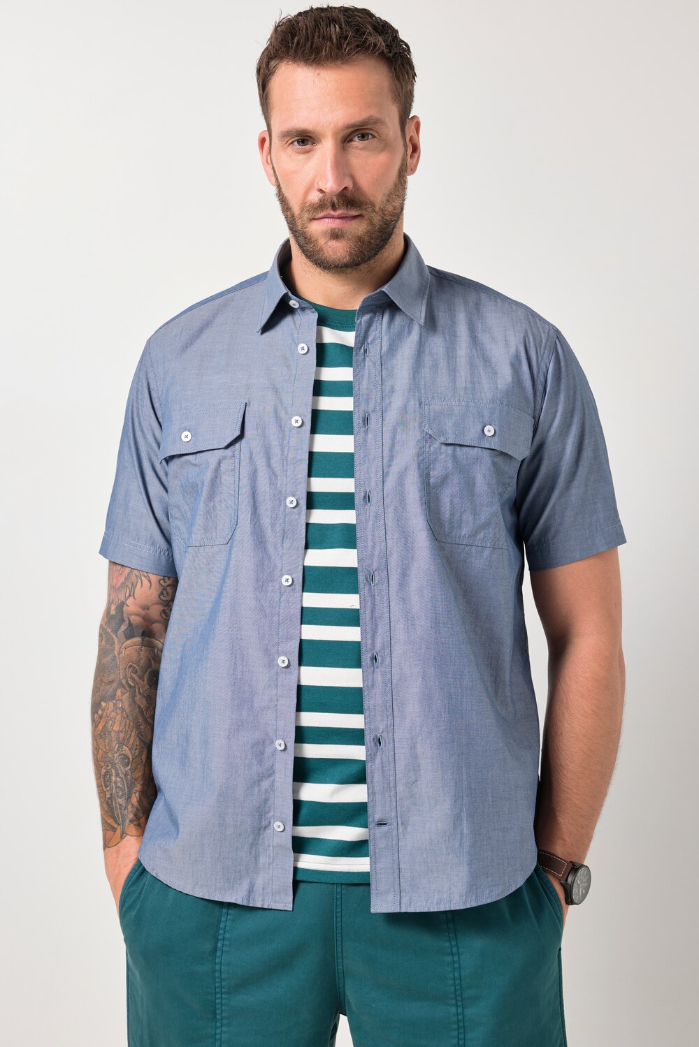Stora storlekar Chambray-kjorta, Her, blå, storlek: 7XL, Bomull, JP1880