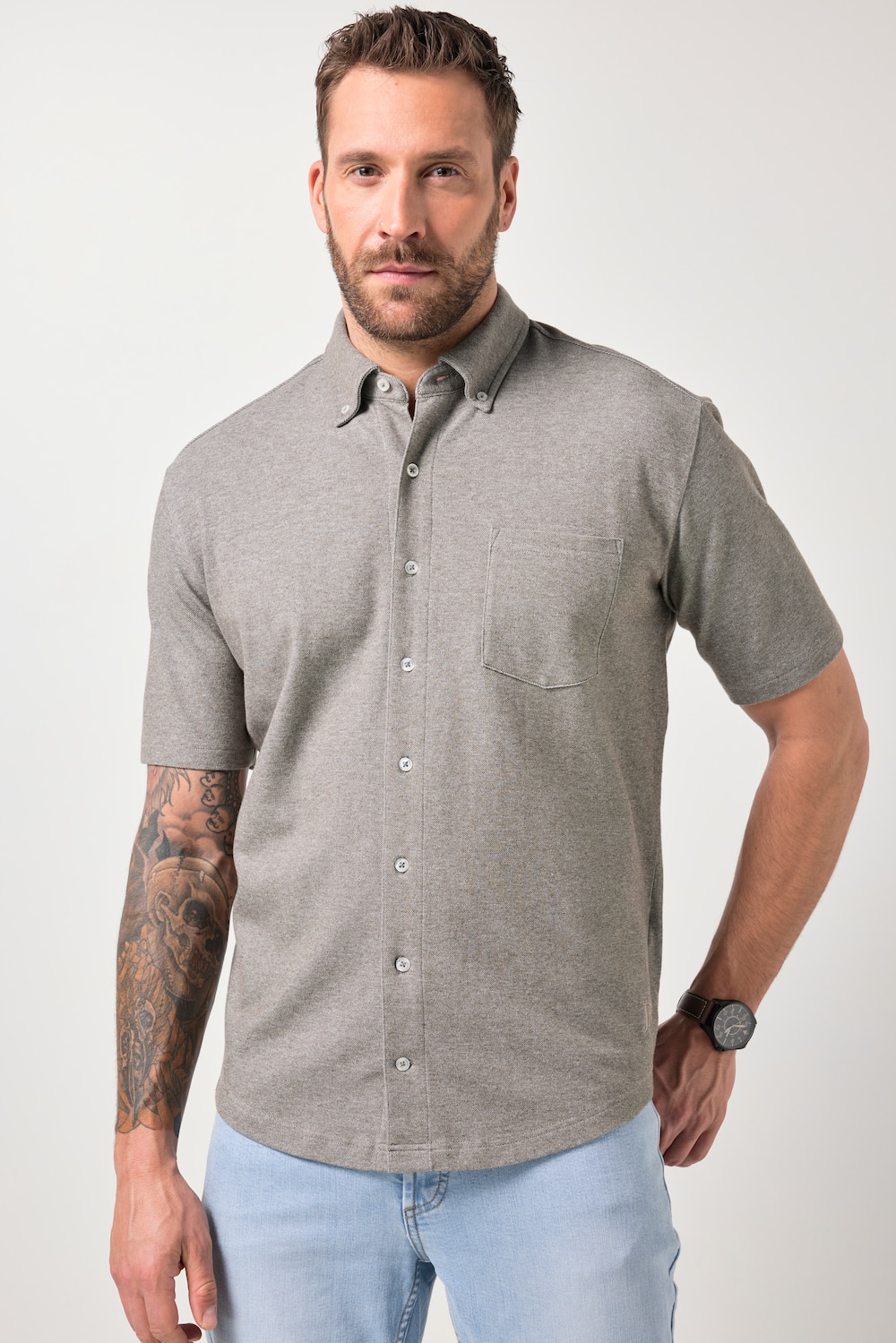 JP1880 Hemd, FLEXNAMIC®, Halbarm, Piqué, Buttondown-Kragen, Modern Fit