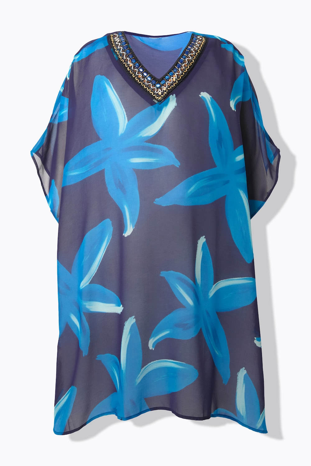 Tunika, blomster, dekorert V-hals, halvlange ermer