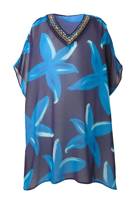 Ttunika, květy, zdobený V výstřih, polo rukávy