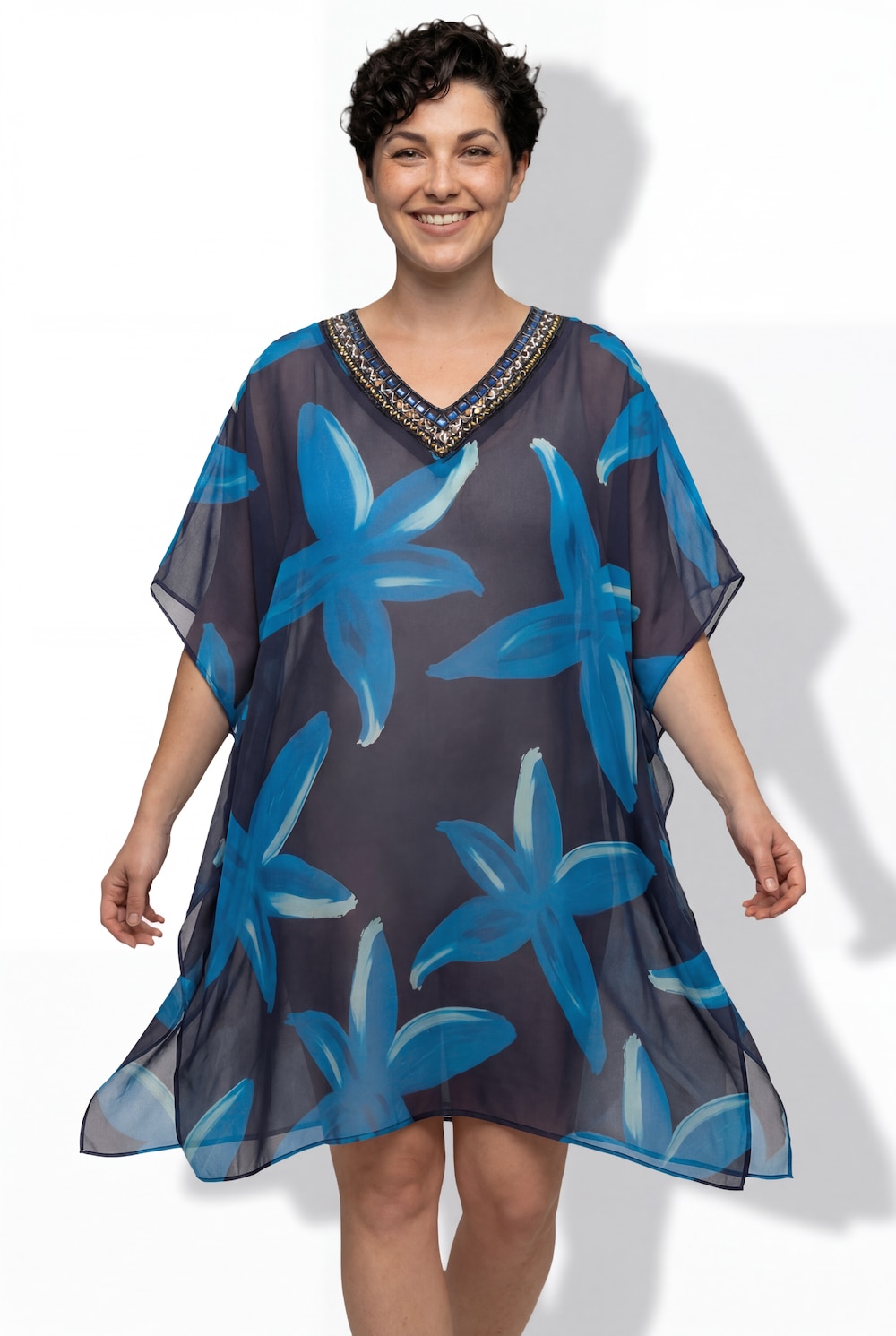 Tunika, Blüten, verzierter V-Ausschnitt, Halbarm