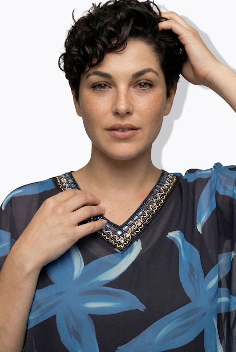 Tunika, Blüten, verzierter V-Ausschnitt, Halbarm