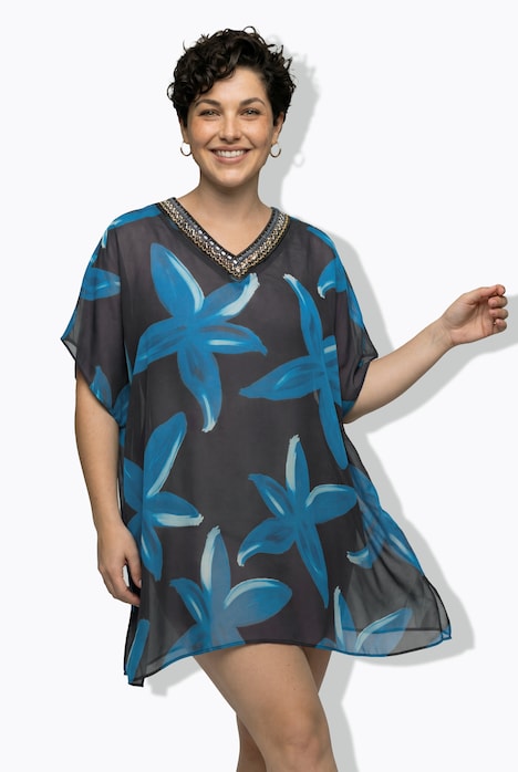 Tunika, Blüten, verzierter V-Ausschnitt, Halbarm