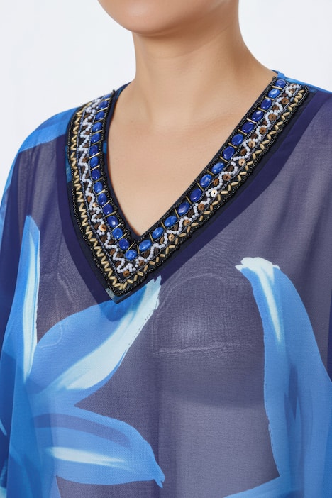 Tunika, Blüten, verzierter V-Ausschnitt, Halbarm