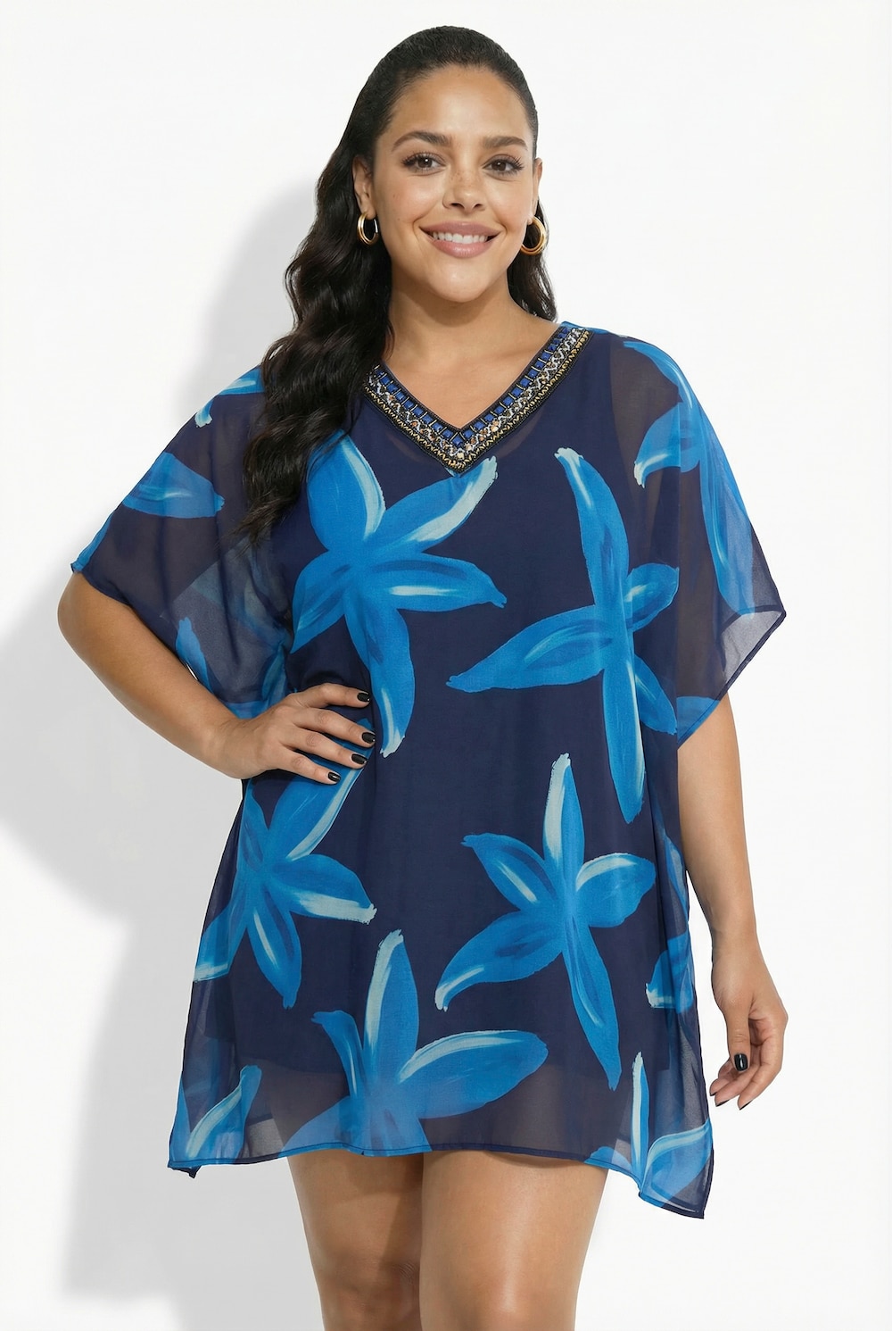 Tunika, Blüten, verzierter V-Ausschnitt, Halbarm