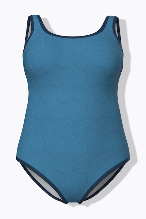 Maillot de bain sans bonnets souples, motif coquillages et décolleté rond