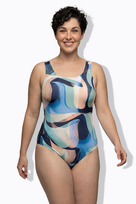 Badeanzug, abstrakter Druck, ohne Softcups, Rundhals