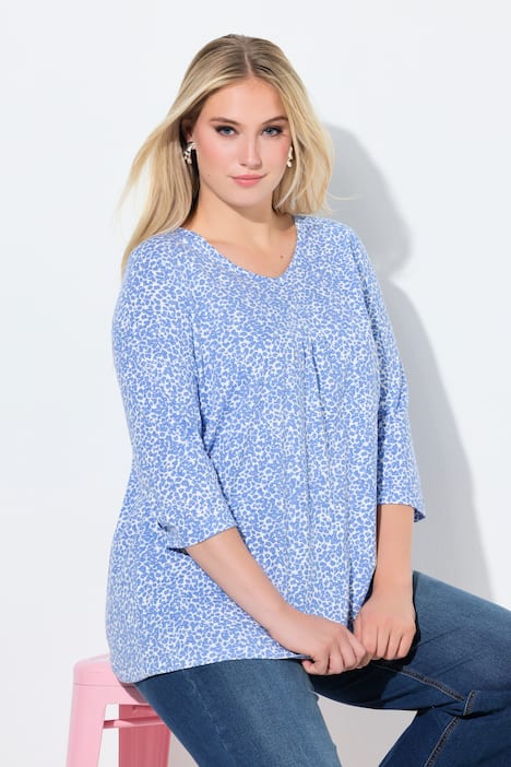 Shirt, Zierfalten, A-Linie, V-Ausschnitt, 3/4-Arm