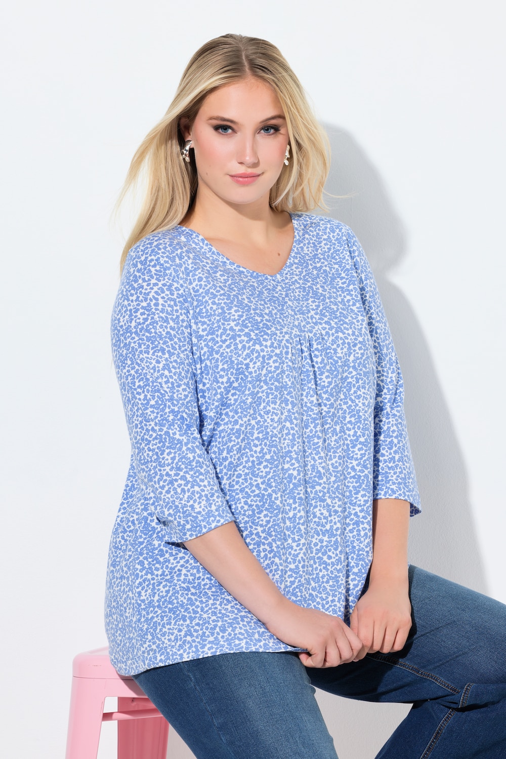 Shirt, Zierfalten, A-Linie, V-Ausschnitt, 3/4-Arm