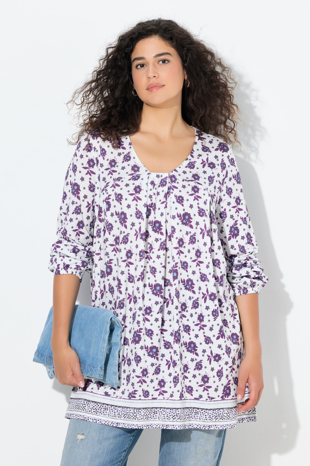 Shirt, Blüten, A-Linie, Carré-Ausschnitt, Langarm