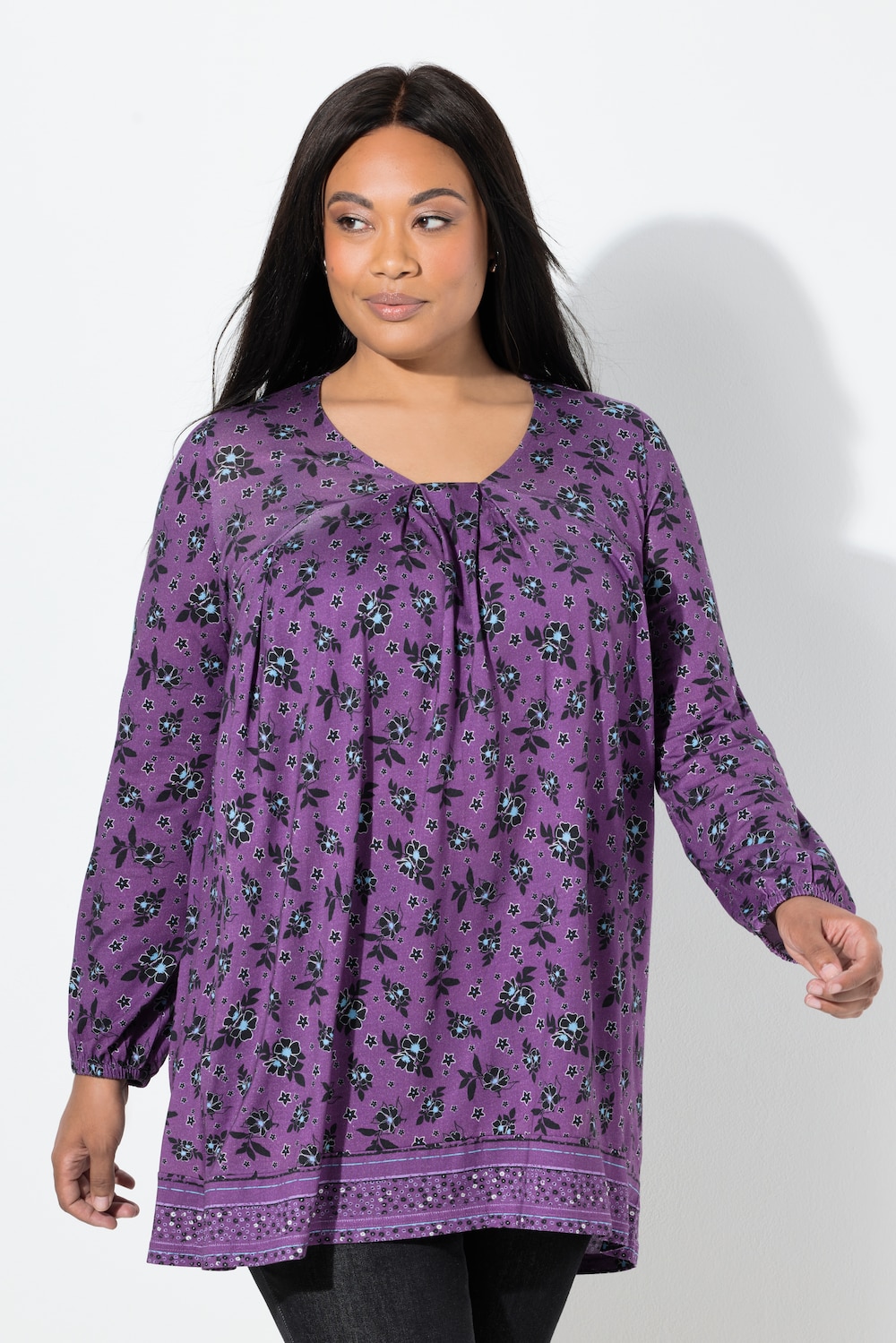 Shirt, Blüten, A-Linie, Carré-Ausschnitt, Langarm