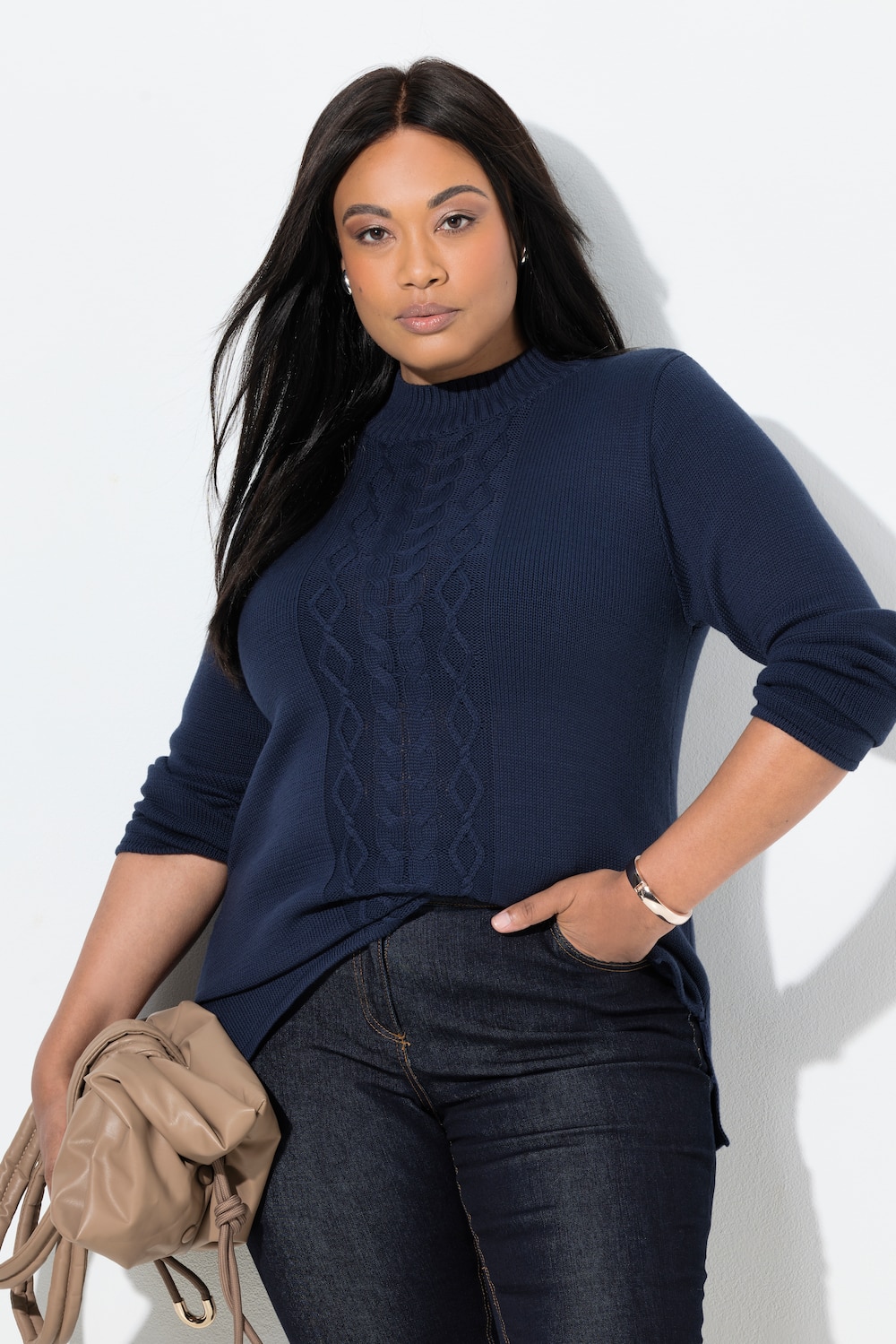 Pullover, Zopfmuster, Stehkragen, Langarm