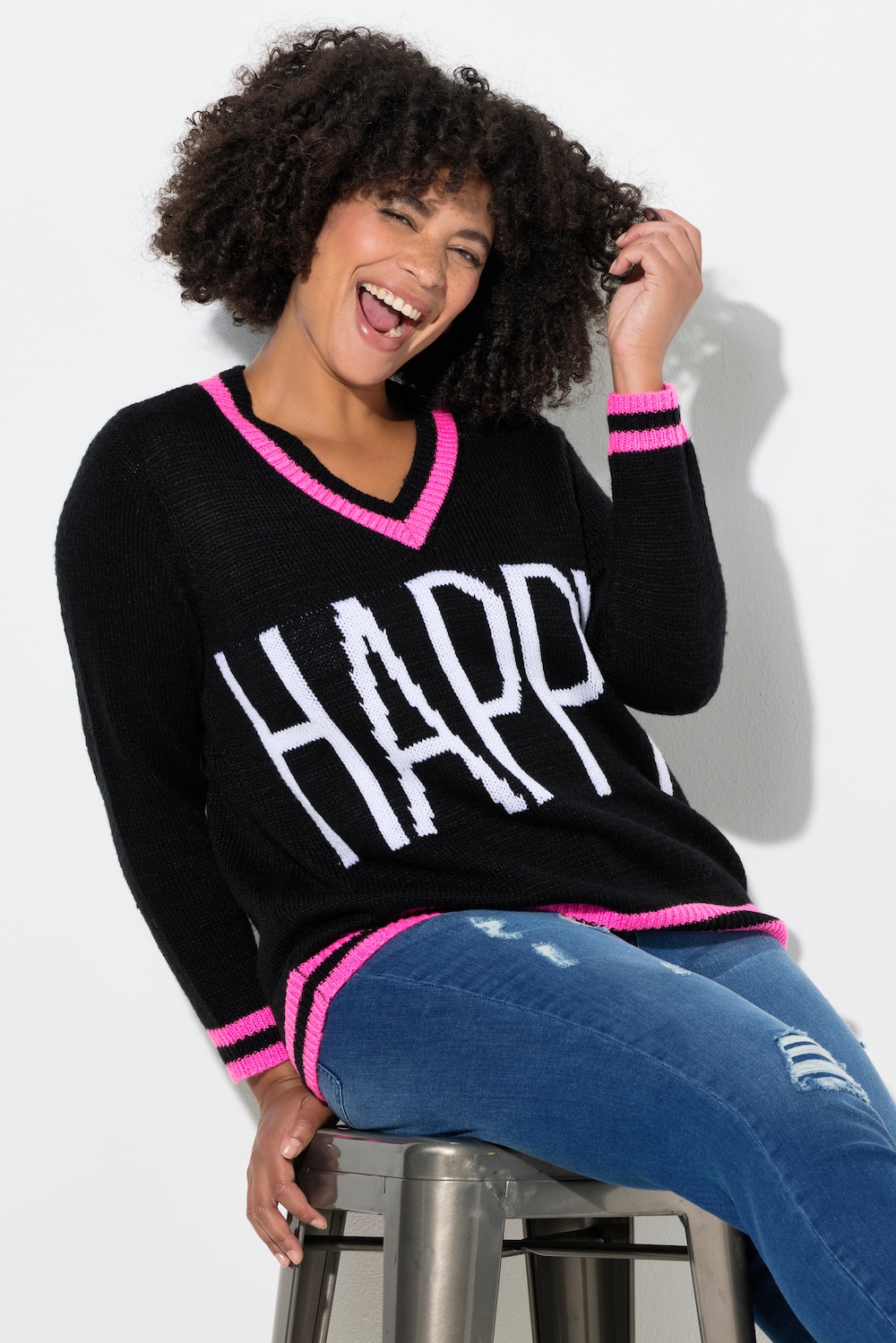 Pullover, Straight Fit, HAPPY Schriftzug, Langarm
