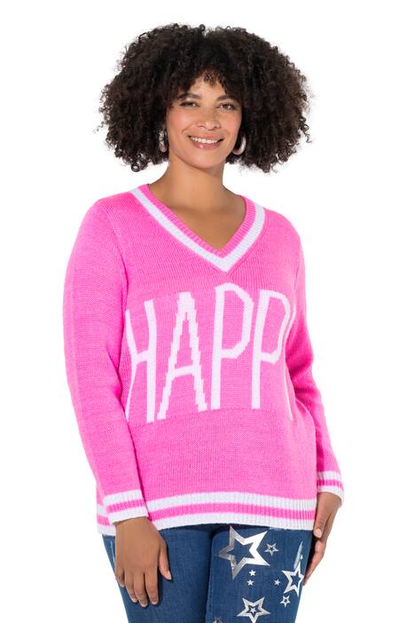 Svetr, rovný střih, HAPPY nápis, dlouhé rukávy