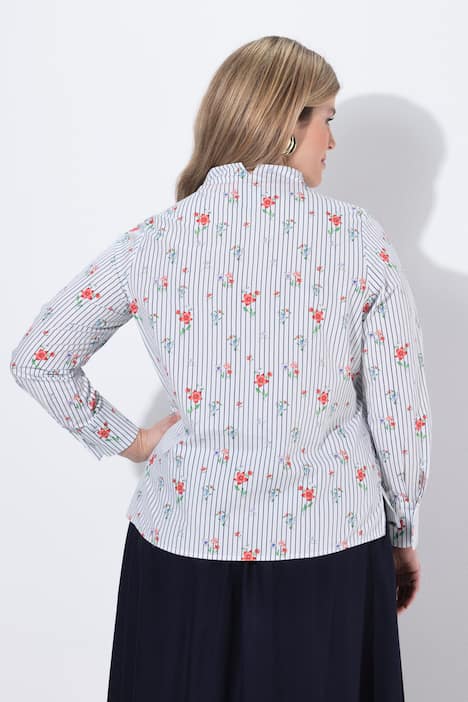 Blouse, strepen, gobletkraag, V-hals, lange mouwen