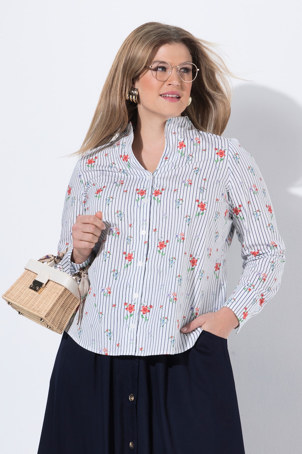 Blouse, strepen, gobletkraag, V-hals, lange mouwen