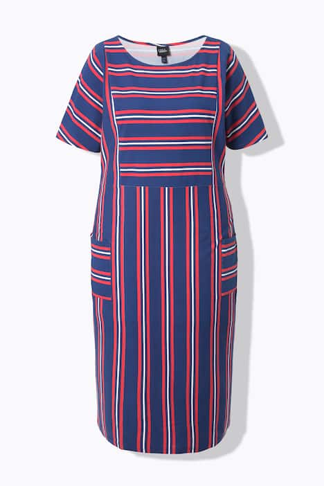 Abito midi di jersey con righe, scollo a girocollo, mezze maniche e tasche