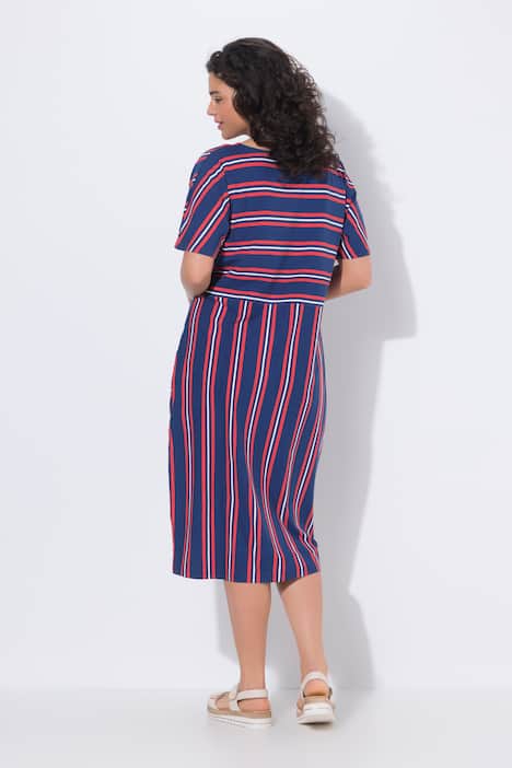 Abito midi di jersey con righe, scollo a girocollo, mezze maniche e tasche