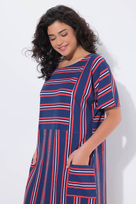 Abito midi di jersey con righe, scollo a girocollo, mezze maniche e tasche