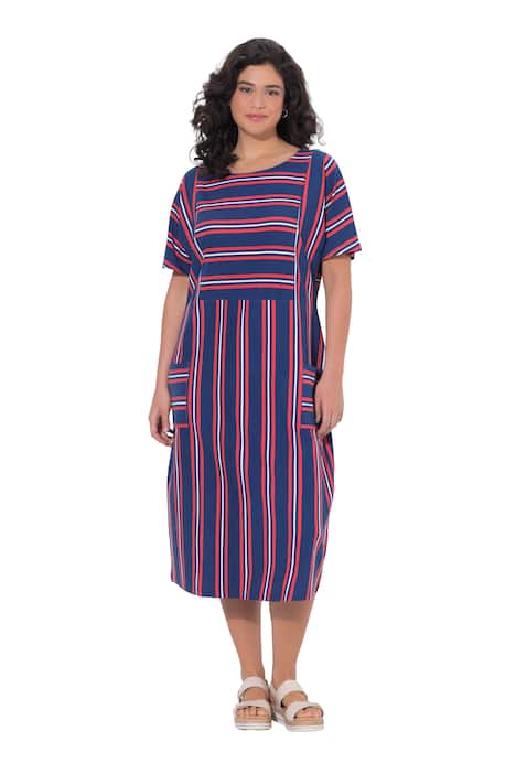 Žerzejové midi šaty, pruhy, kulatý výstřih, polo rukávy, kapsy