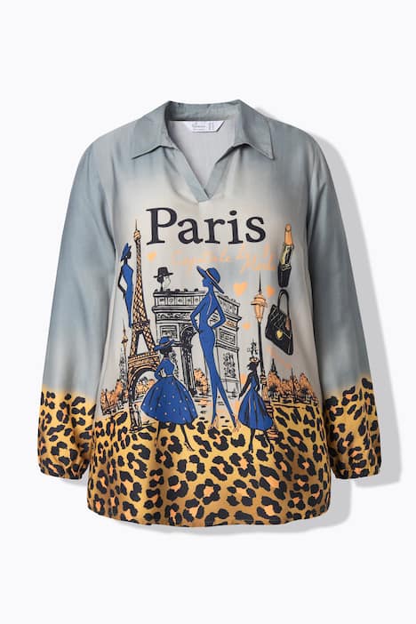 Tunikabluse, A-Linie, Paris-Print, Leo-Kanten, Langarm