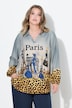 Tunikabluse, A-Linie, Paris-Print, Leo-Kanten, Langarm