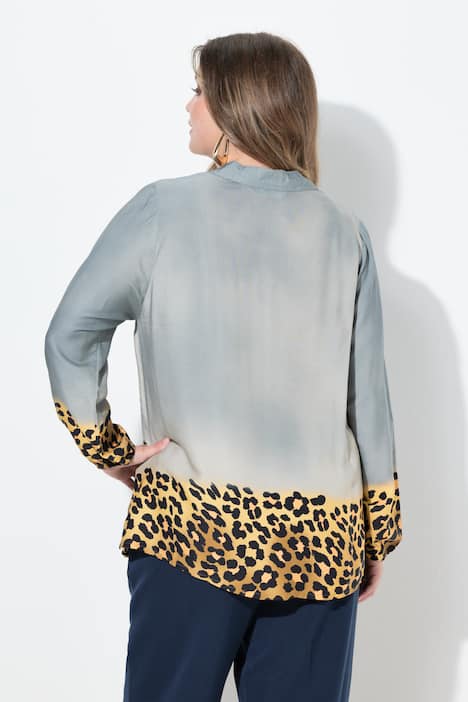 Tunikabluse, A-Linie, Paris-Print, Leo-Kanten, Langarm