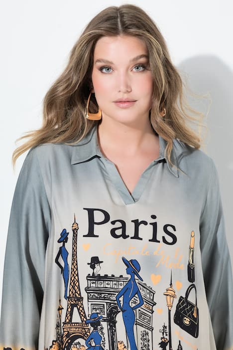 Tunikabluse, A-Linie, Paris-Print, Leo-Kanten, Langarm