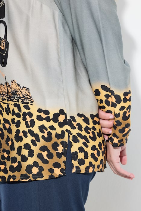 Tunikabluse, A-Linie, Paris-Print, Leo-Kanten, Langarm