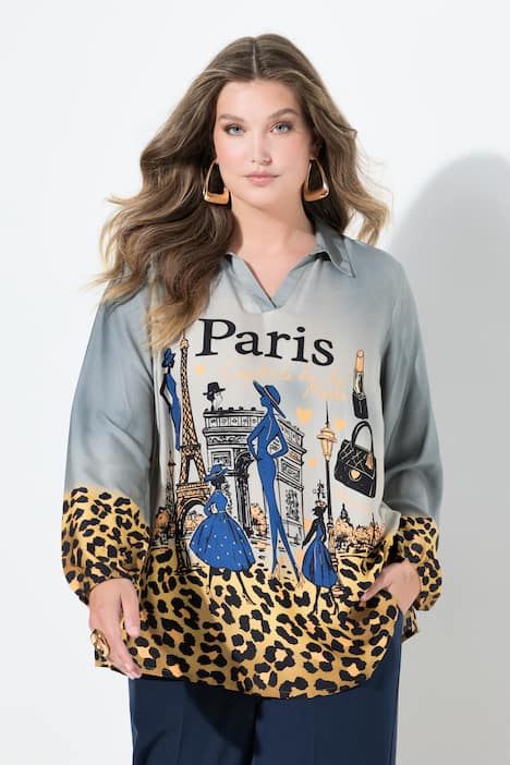 Blusa dal taglio svasato con stampa Paris, orli leopardati e maniche lunghe