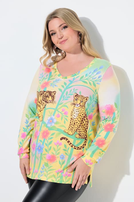 Langarmshirt, Classic Fit, Blumendruck mit Leopard