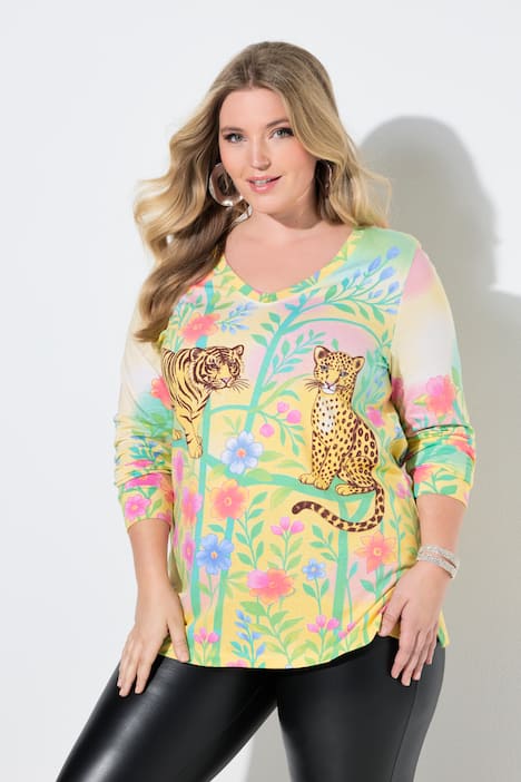 Langarmshirt, Classic Fit, Blumendruck mit Leopard