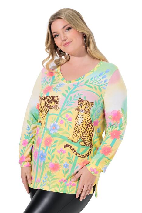 Tričko, dlouhé rukávy, Classic střih, květovaný potisk s leopardím vzorem