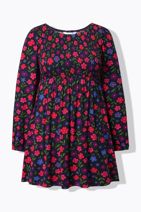 T-Shirt, A-Linie, gesmokte Büste, Blumenmuster